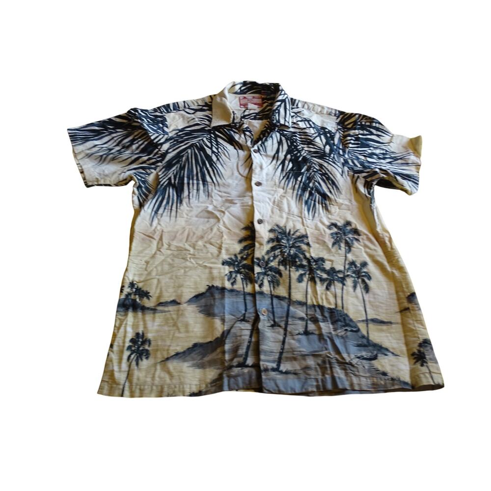 RJC Vintage Hawaiian Shirt Mens L Blue Palm Tree Tropical Aloha Made In USA
